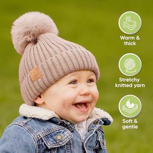 2-Pack Baby Hats for Girls, Boys - Stretchy Baby Beanies, Cute Newborn & Toddler Winter Hat, Soft & Warm Pom Pom Beanie for Infant, Toddler, Boys, Girls 6-36 Months (Fawn, M)4