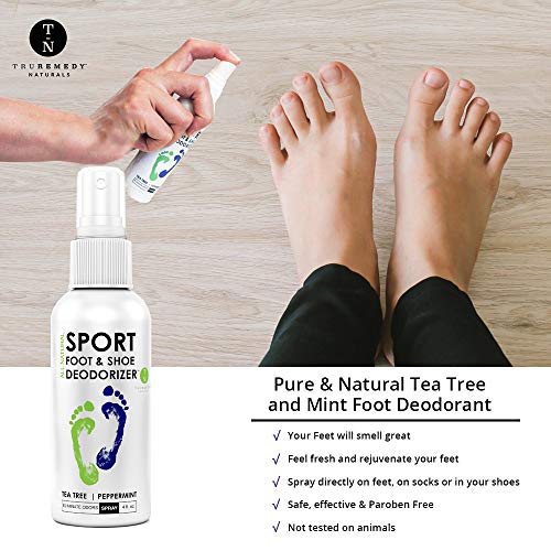 Natural Shoe Deodorizer Spray, Foot Deodorant Spray, Foot Odor Eliminator for All Shoes - Fights Athletes Foot & Stinky Feet - Tea Tree Oil, Peppermint, Spray Better Than Powder, Sneaker Balls - 4 Oz