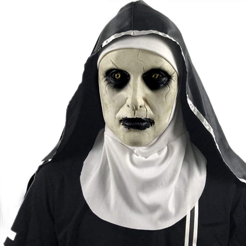 FENGCHENG Horror Nun Mask, Halloween Scared Female Ghost Headgear Nun Horror Mask Costume, Valak Scary Latex Mask With Headscarf (2)