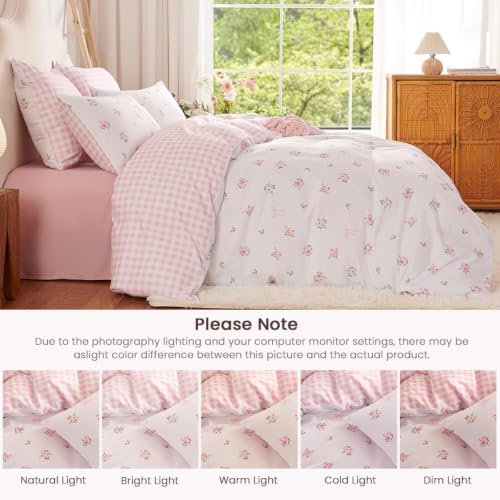 Image of Duvet Cover Twin Pink White Floral Plaid Reversible Bedding Set