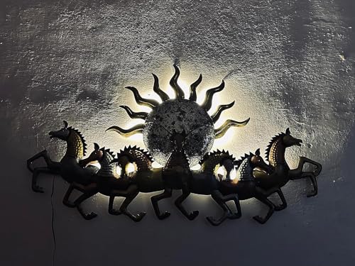 Image of pranjals house Metal Handpainted Rustic Iron Wall Hanging of 7 Horse LED Lights Art Sculpture for Home Office Wall Decor /Wall Hanging (46 x 27 Inches)
