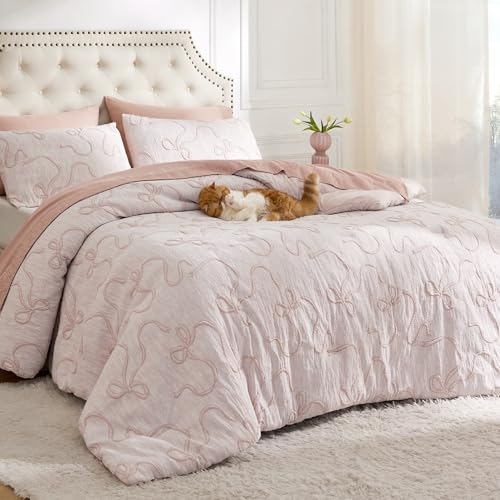 Image of Bedsure Pink Comforter Set Queen, GentleSoft 3 Pieces Breathable Bow Comforter Set Women Girls with 2 Pillow Shams, Cute Queen Bedding Sets Pink Room Decor Aesthetic Bedroom Decor, 90x90 Inches