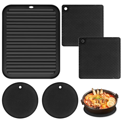 5 Piezas Posavasos de Silicona para Ollas, 30 X 23 cm Alfombrilla Escurridora, Patrón de Panal Salvamanteles Ollas Calientes, Puede Colgar Color Negro Estera para Ollas Resistente al Calor