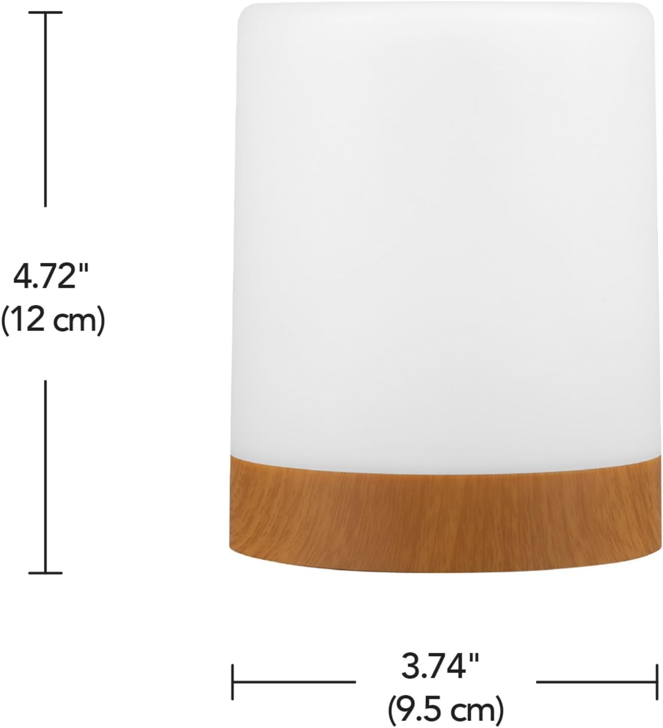 Diagram showing the dimensions of the Globe Electric portable touch lamp: 4.72 inches (12 cm) tall and 3.74 inches (9.5 cm) wide.