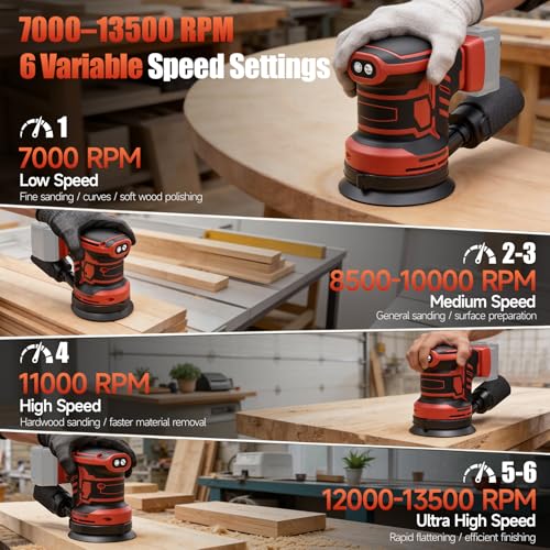 Cordless 5-Inch Random Orbital Sander Compatible with Milwaukee 18V Battery (Tool Only, No Battery),Brushless Electric Sander with Dust Collection,6 Variable Speeds (7,000–13,500 RPM) for Woodworking thumbnail 4