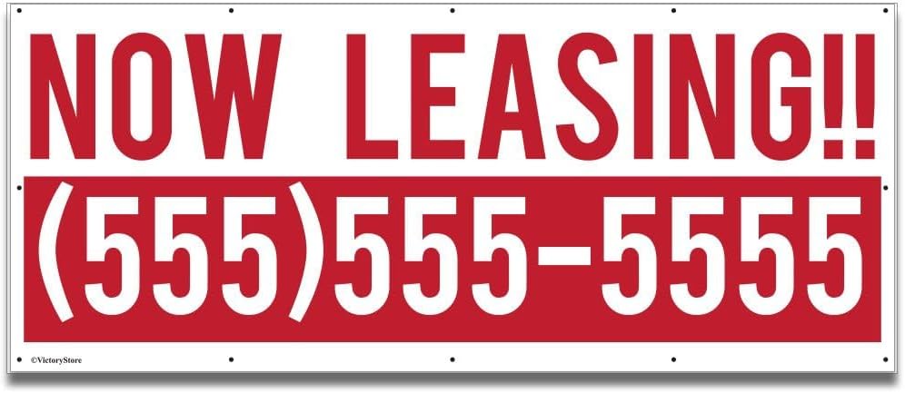 VictoryStore Banner - Custom Business Vinyl Banner, "Now Leasing" with Custom Phone Number, (Multi, 2x4)