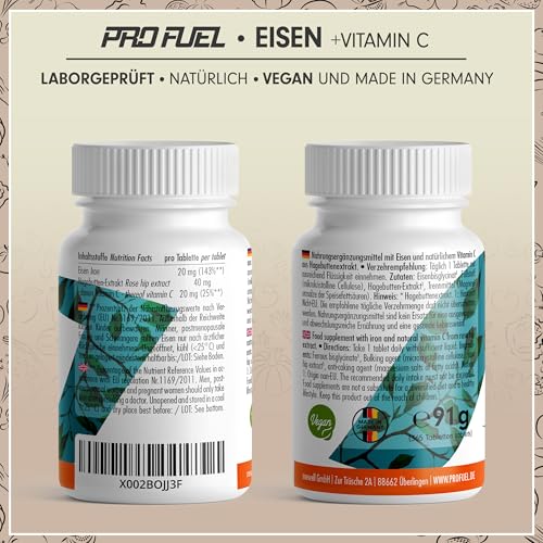 Eisentabletten hochdosiert 365x mit 20 mg Eisen + Vitamin C (20mg) aus Hagebutten - bioverfügbares Eisenbisglycinat + natürliches Vitamin C aus Hagebutten-Extrakt - laborgeprüft mit Zertifikat