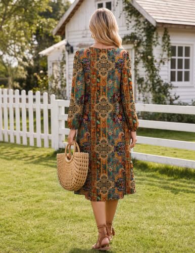 Image of Zeagoo Fall Dresses for Women Long Sleeve Midi Dress Casual A Line Dresses 2026 Pleated Flare Dress with Pockets