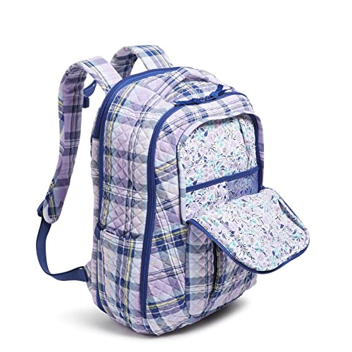 Image of Vera Bradley Women's Cotton Large Travel Backpack Travel Bag, Amethyst Plaid - Recycled Cotton, One Size