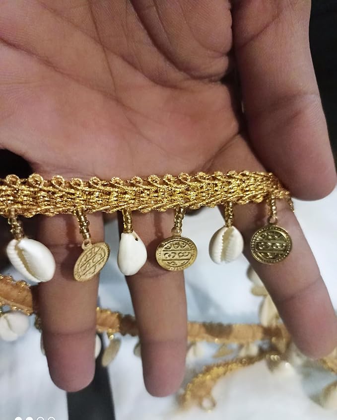 Lacesnmore lace Golden Coin cowri Hanging latkan Frill Jhalar Natural White latkan for Blouse Dresses Saree Dupatta Fringe Style lace Border Ribbon Multi Purpose DIY Accessory 3meter Pack-image-12