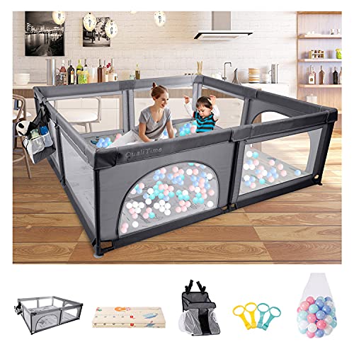 Baby Playpen Playard Kit for Toddler - Extra Large & Reliable Play Center for Infants, Includes Play Mat x 1, Ocean Ball x 100, Hanging Diaper Organizer x 1, Kid's Fence for Babies (Dark Gray)
