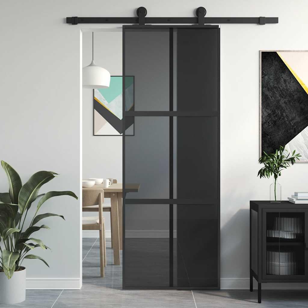 Drzwi przesuwne czarne ze szkła hartowanego i aluminium 76 x 205 cm z dekoracyjną linią, prywatność, trwała rama, idealne do nowego budynku, renowacji, mieszkania i biura