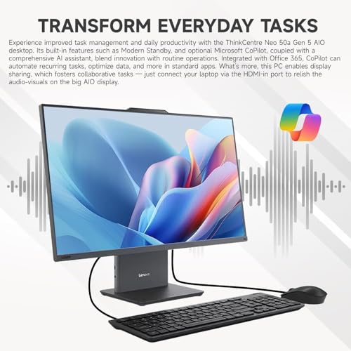 Image of Lenovo ThinkCentre neo 50a 23.8 inch FHD Business All-in-One, AMD Ryzen 5 220, 16GB DDR5, 1TB SSD, Windows 11 Pro