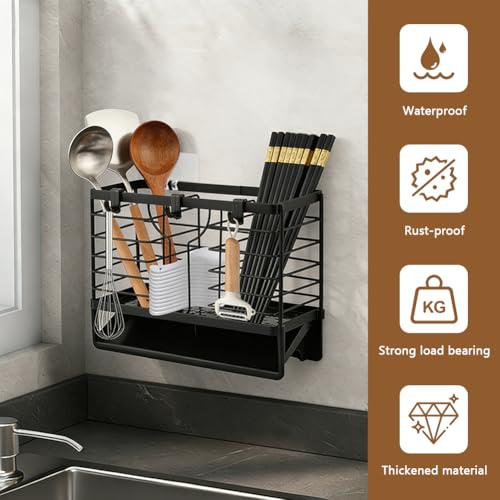 Jeyntanc Stainless Steel Utensil Holder, Utensil Drying Rack with Drain Tray, 3 Compartments Kitchen Counter Drainer Basket Cutlery Organizer for Forks, Chopsticks, Spoons(Color:Black)