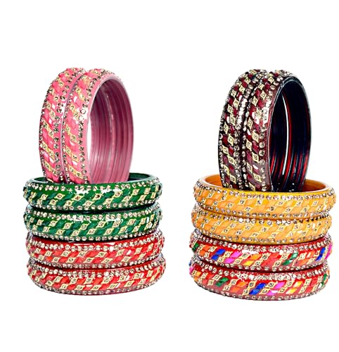 Image of Swara Creations Glass Bangle Set for Women /Multicolor Kadas Set Zirconwork /Traditional Kadas Set for Women & Girls (12Pc)(SKU402)