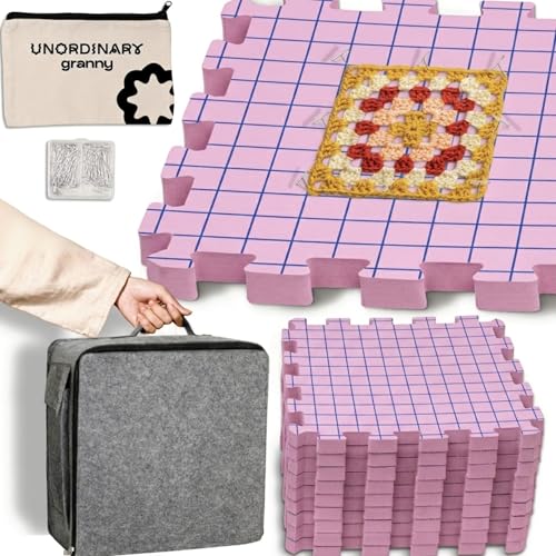 Image of Unordinary Granny Crochet Blocking Board Set - 9 Extra Thick Interlocking Mats with Grid, 150 T-Pins, Felt Storage Bag and Cotton Pouch (Blush Pink)