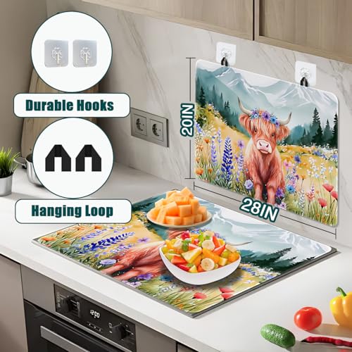 Image of Highland Cow Stove Top Cover for Electric Stove, Highland Cows Range Covers, Flower Range Top Mats, Glass Cooktop Covers 28x20 inch, Cute Animal Spring Cooktop Cover for Kitchen Holiday Home Decor