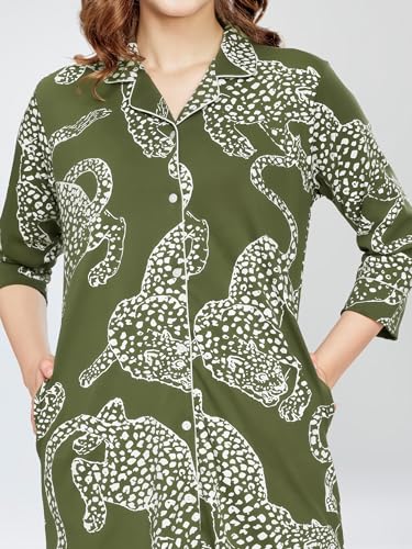 Image of ZEYO Women's Cotton Night Dress Leopard Printed Knee Length Night Gown 5791