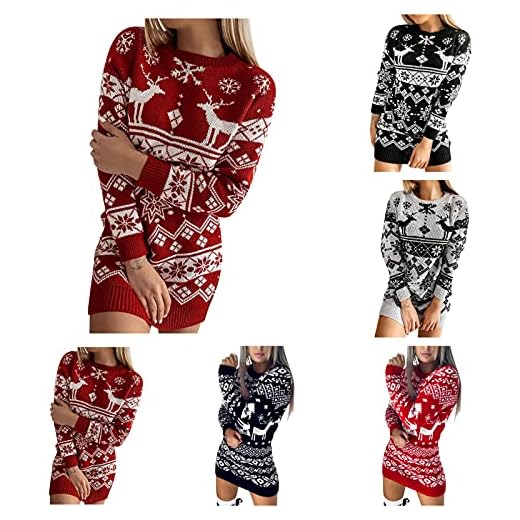 Julklänning jultröja damer stickad klänning långärmad vinter festlig tröjklänning stretch festklänning julklänningar höstklänning knälång fritidsklänning vinter balklänning tunika klänningar, D-röd, M
