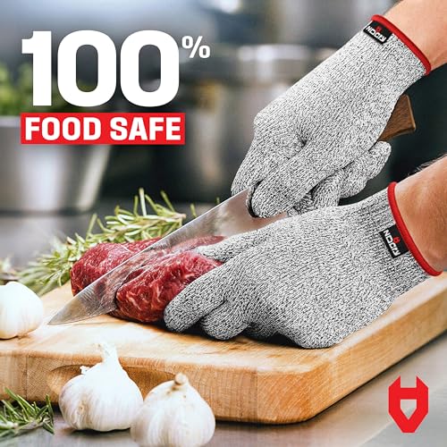 NoCry Premium Cut Resistant Gloves Food Grade for Kitchen — Superior Comfort and Dexterity; Level 5 Protection; Ambidextrous; Machine Washable; Lightweight — Perfect Cutting Gloves or Mandolin Glove