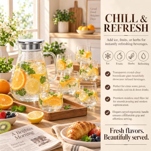 Image of bellemax 1.8 Litre Water Jug with Wooden Lid & 6 Black Juice Glasses Set | Premium Glass Water Jug Set for Home Kitchen | Juice, Water, Cold Drink Serving Set | Stylish Pitcher Set of 7 (BM-15)