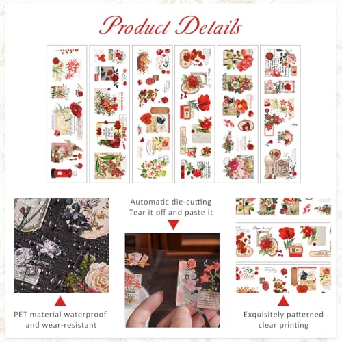 Image of 24 Sheets Aesthetic Floral Stickers Set,Vintage Flower PET Scrapbook Stickers for Journaling,DIY Planner for Bullet Journal Craft and Decorative Supplies with Elegant Botanical Design
