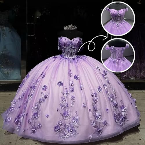 Beaded Tulle Quinceanera Dresses with Train Puffy Lace Sweet 16 Dresses 3D Flower Off Shoulder Vestido de 15 años3