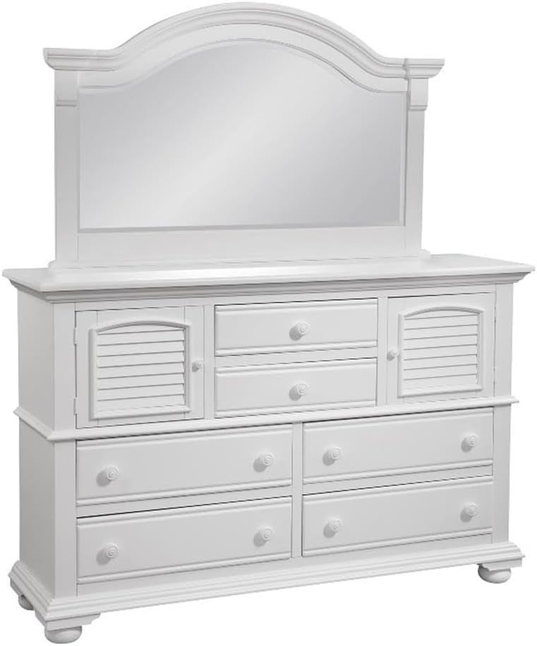 Bowery Hill High Dresser with Landscape Mirror, Eggshell White Finish, Solid Wood and MDF Construction, 6 Drawers and 2 Doors with Adjustable Shelves, Decorative Arched Louvered Design for Bedroom Use