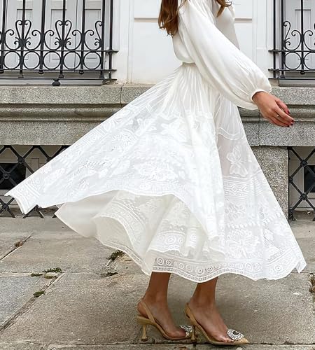 ebossy Women's Elegant Lace Tulle Skirt High Waist A-line Swing Prom Party Long Skirt with Liner4