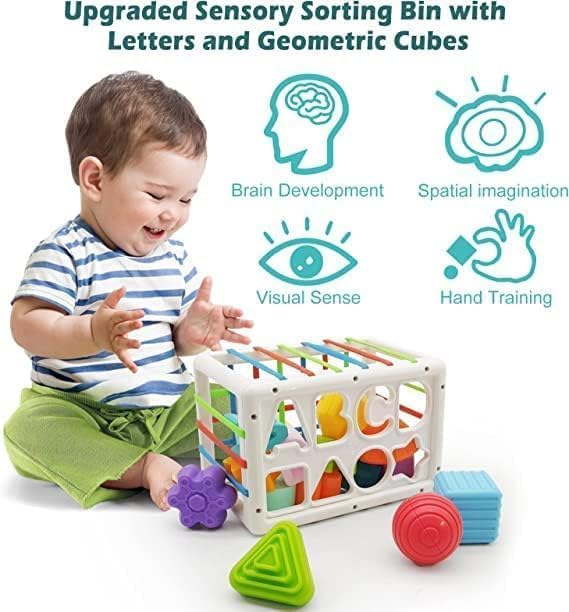 Image of WireScorts Baby Shape Sorting Block, Montessori Sensory Toys with Blocks Colorful Cube and Alphabets, Shape Sorting Toy with Elastic Bands Fine Motor Skill Toy, Preschool Learning Toys