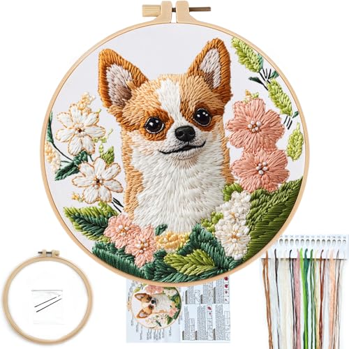 Image of FONNUY Chihuahua Dog Floral Embroidery Kit, Cross Stitch Kits for Beginners, Handmade Crafts with Printed Patterns for Beginner Adults, Easy to Follow Color Thread Needlework, 8'' Hoop (Loyal Dog)