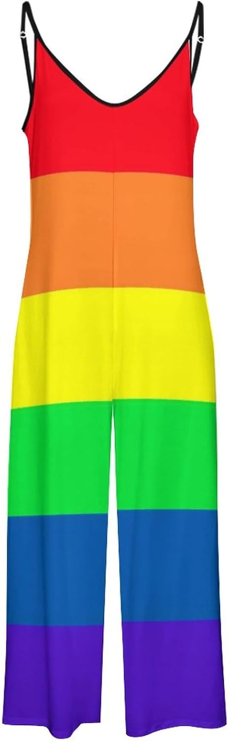 Gay Pride LGBT Rainbow Flag Pattern Womens Suspender Jumpsuits Sleeveless Straps Casual Loose Overalls