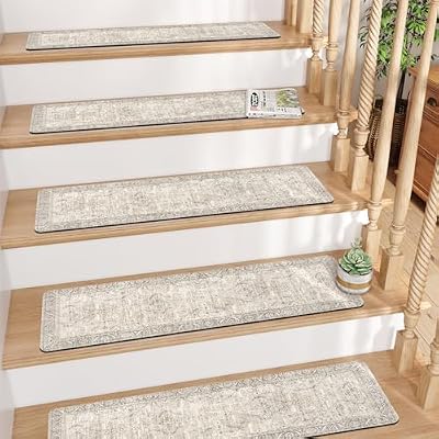 Tiveney Stair Treads Non Slip 15PCS 8"x30" Stair Runner, Rubber Backing Carpet Stair Treads for Wooden Steps, Washable Safety Carpet for Stairs Khaki Indoor Staircase Step Treads for Kids Elder Dogs