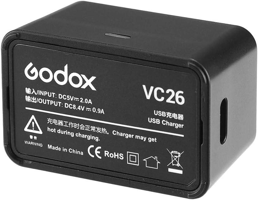 Godox VC26 USB Battery Charger - Fast Charging, Compact Design, Indicator Light - Essential for Godox V1 Series Flash Users