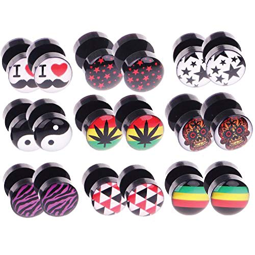 BodyJ4You 18PC Fake Plugs Logo Ear Gauge Cheater 00G Look 16G Pot Leaf Skull Stars Black Earrings