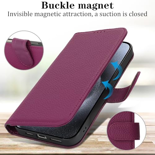 Coque iPhone 15 Pro en cuir véritable violet style portefeuille chic