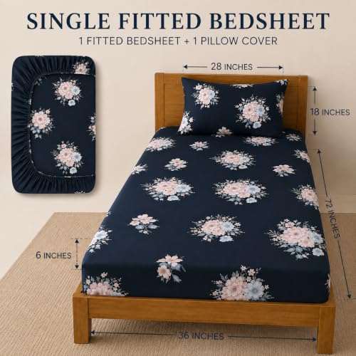 Image of Cotton Elastic Fitted Bedsheets with 1 Pillow Covers | Floral Printed Single Bed Elastic 220 TC Supersoft Breathable & Wrinklefree | for 36x72+6 Inches, Home Style Midnight Navy Floral