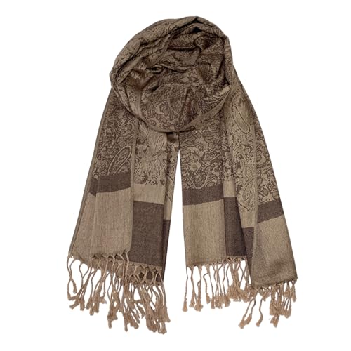 Wendyfull Pashmina Shawls and Wraps w/Fringe Two Tone Vintage Jacquard Paisley Rave Scarf for Weddings Festival (Brown)