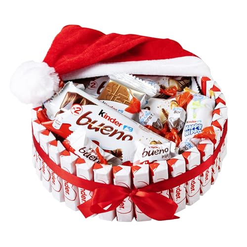 Onza Cesta de chocolates para regalar Kinder Bueno - Pack Kinder Navidad con Surtido de Chocolatinas y Dulces Kinder Bueno Mini, Schokobons, Happy Hippo - Chocolates para regalar con Gorro Navidad