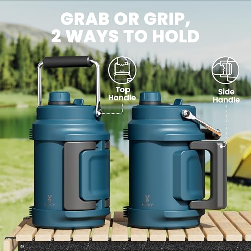 Image of 64 oz Insulated Water Bottle for Gym: Meoky Triple Wall Vacuum Stainless Steel Half Gallon Water Jug - Top and Side Handles, 2-in-1 Straw and Spout Lid, Cold for 36 Hrs, Leak Proof for Camping (Denim)