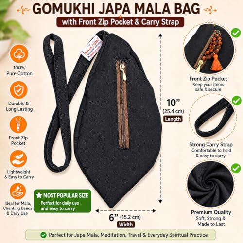 Image of Original Pure Cotton Gomukhi Japa Mala Bag /Chanting Bag or Beads Bag /Jholi /Thole with Zip Pocket and Sakshi Mala Counter, Colour; Black (Pack of 1)