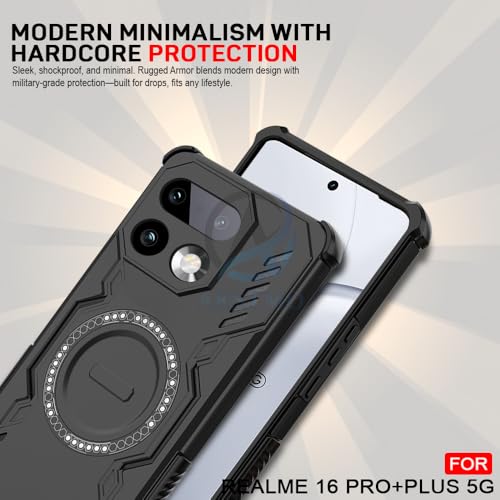 Image of AESTMO Back Case Cover for Realme 16 Pro Plus 5G | Magnetic Case with Built-in Metal Ring | Compatible with MagSafe Accessories | Shockproof Hybrid (PC + TPU, Black)