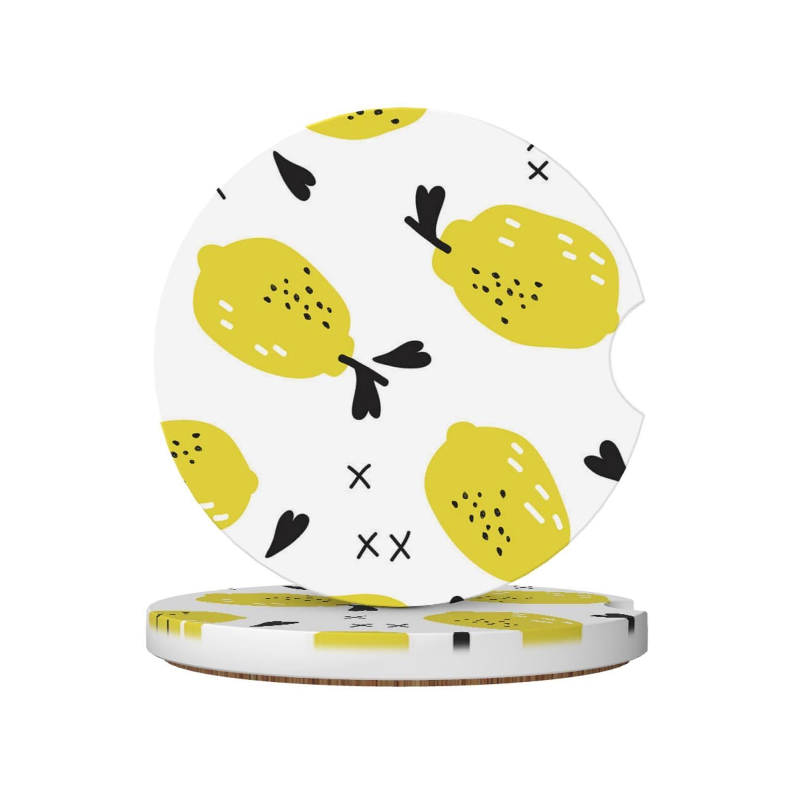 Lemon, Car Cup Holder Coasters 2 Pack, Absorbent Ceramic Car Coasters with Non Slip Cork Base