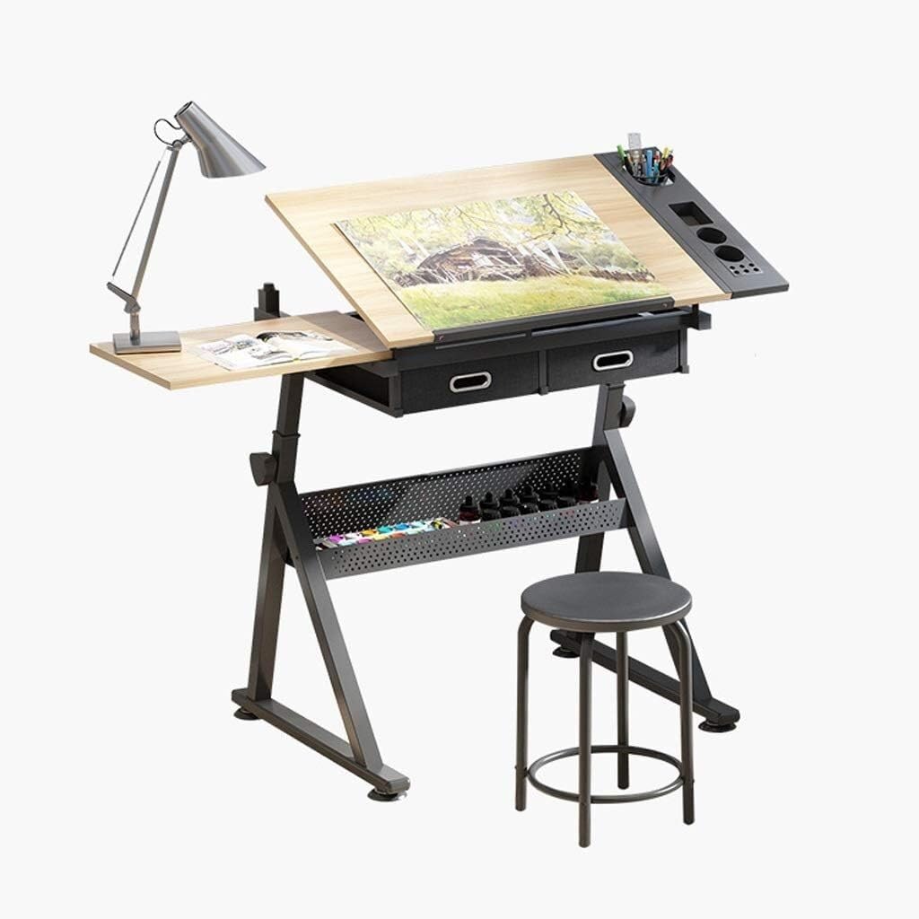 Tavolo da disegno regolabile in altezza con contenitore, inclinabile, design a pannello in acero, per lavoro, studio, pittura e progetti artigianali, stazione di disegno versatile