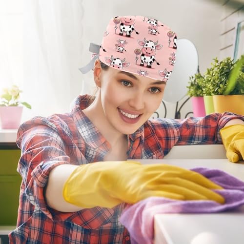 Image of 2 PCS Bouffant Cap with Button Ponytail Pouch Working Cap Sweatband Adjustable Surgical Cap Black and White Cow