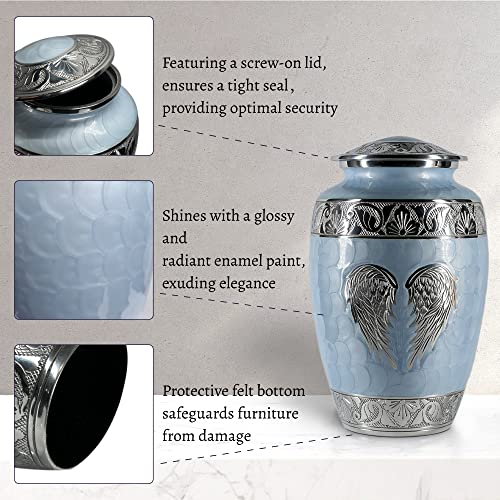 Image of Cremation Urns for Human Ashes Adult Female and Male - Decorative Large Burial Funeral Urn with Angel Wings Design, Sky Blue