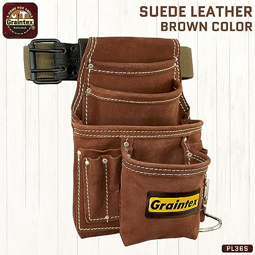 Graintex Pl36S 10 Pocket Nail & Tool Pouch Suede Leather With 2" Webbing/Leather Belt #TOP4
