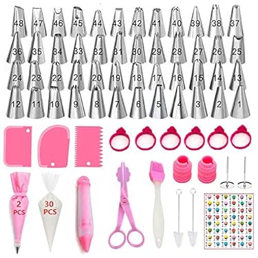 AMAZON - YOQXHY 100 Pcs Piping Tips and Bags Set with 48 Numbered Icing Tips & Pattern Chart,32 Pastry Bags,2 Couplers, 3 Comb Scrapers,6 Ties,2 Flower Nails,1 Flower Scissor,1 Cake Pen for Cake Decorating