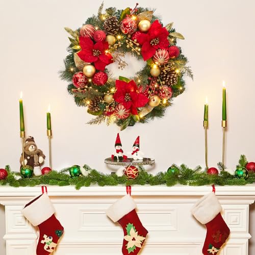 GarveeHome Prelit Christmas Wreath for Front Door, 24" Large Outdoor Christmas Wreath, Battery Operated Lighted Xmas Wreath with Red Gold Balls Artificial Poinsettia for Fireplace Window Wall Decor