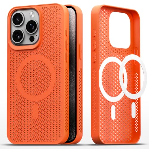 Image of Outlouders Back Cover for iPhone 15 Pro Max | Honeycomb Cooling Design | Silicone Heat Dissipation | Mag-Safe Compatible | Shockproof Camera Protection Bumper Case (Orange Mag-Safe)